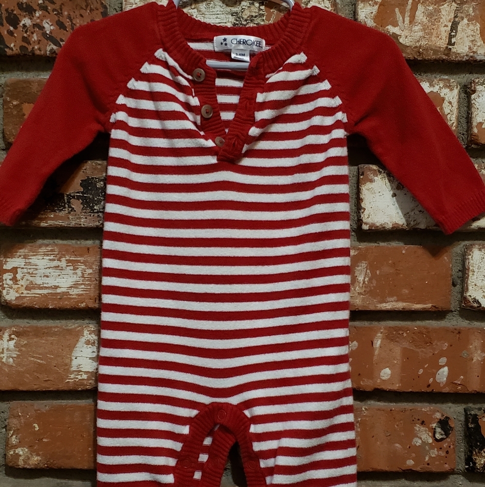Cherokee baby romper. Size 3-6m. Gently Used. Red strip. Thick and warm!